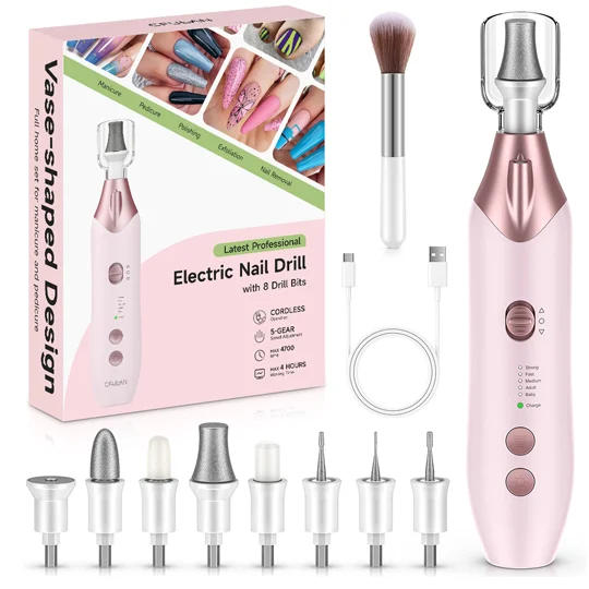Electric Nail Drill Kit Pink 8 Bits Cordless