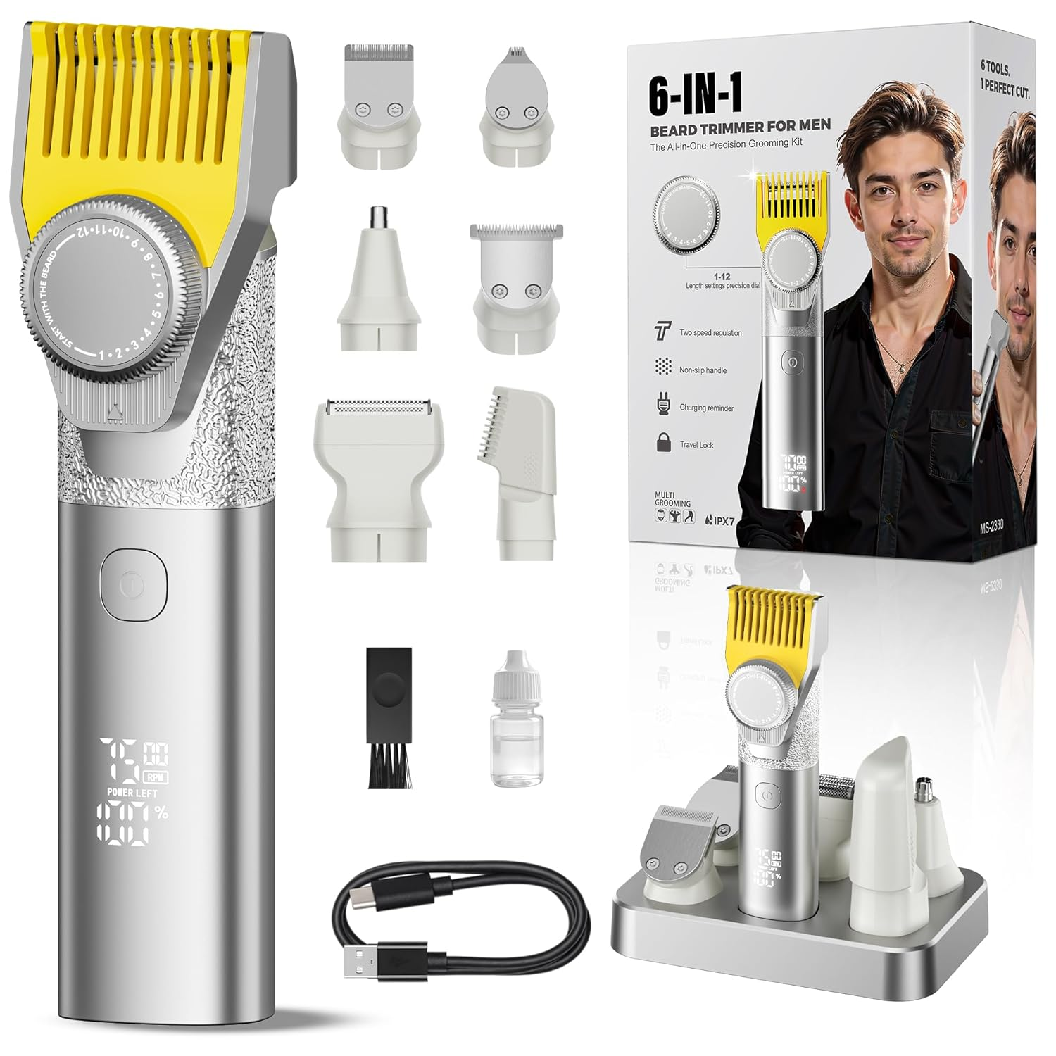 6-in-1 Beard Trimmer Men IPX7 Travel Lock 2-Speed