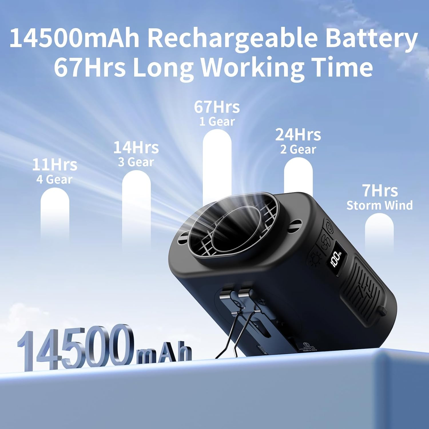 14500mAh Waist Clip Fan 67H 5-Speed 360° Wearable Light