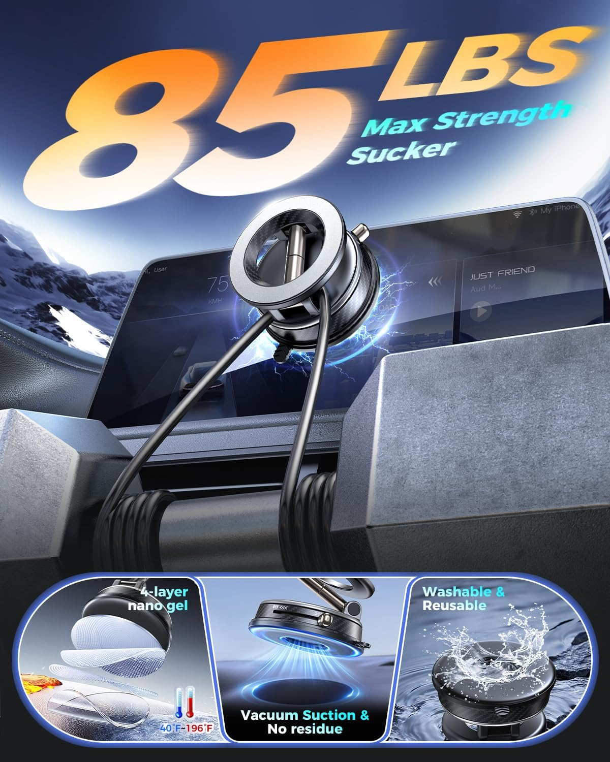 2026 Vacuum MagSafe Car Mount 85LB 2600gf 360° Silver