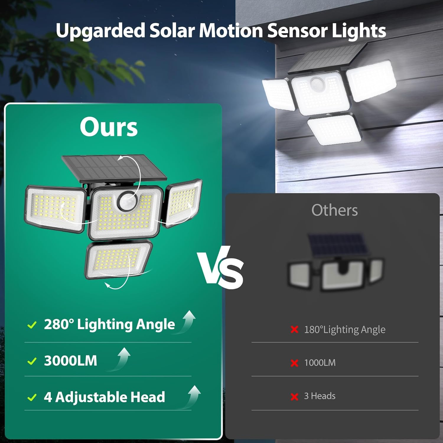 3000LM Solar Security Light 4 Heads Motion Sensor IP65