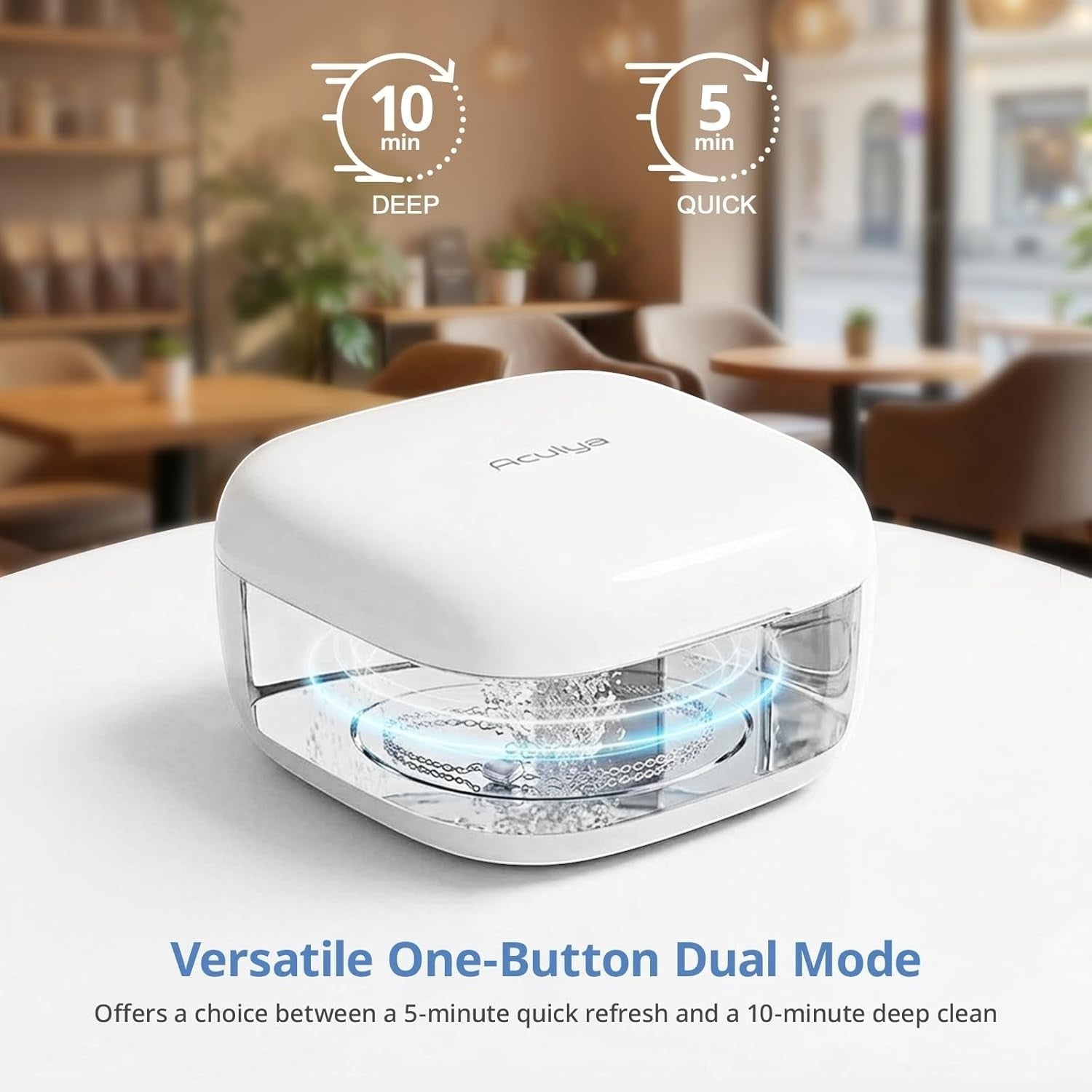 Exquisite Deal Shop white cordless ultrasonic retainer cleaner pod with dual mode cleaning options.