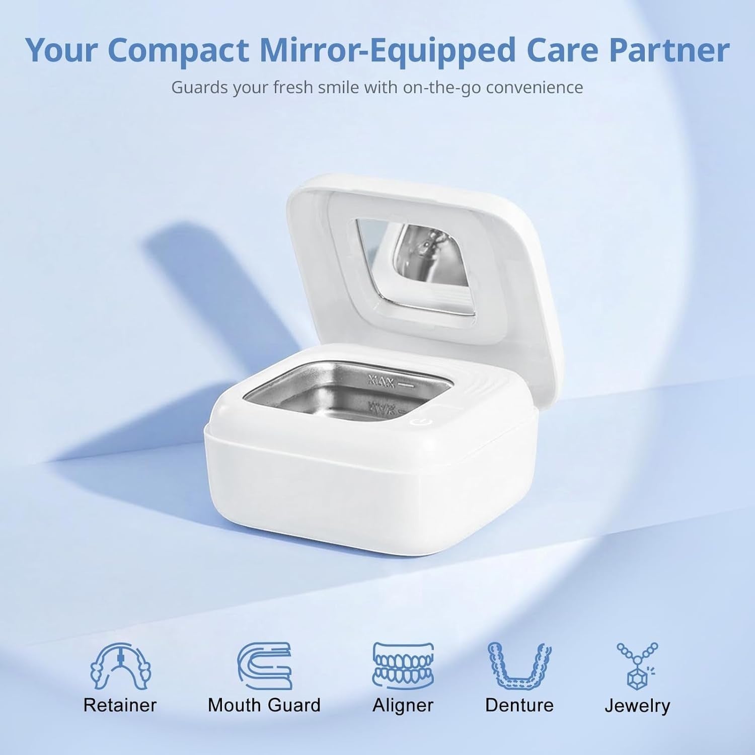 Exquisite Deal Shop white cordless ultrasonic retainer cleaner pod with built-in mirror for aligners, mouth guards, dentures, and jewelry.
