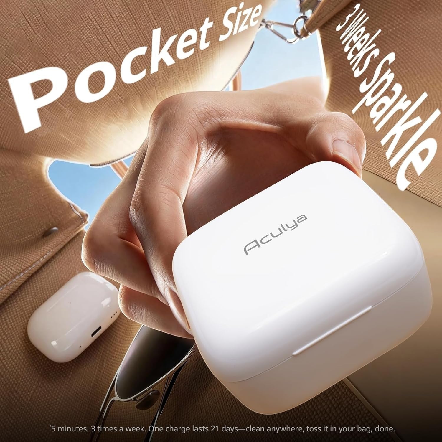 Exquisite Deal Shop white cordless ultrasonic retainer cleaner pod with built-in mirror, pocket-sized and USB rechargeable.
