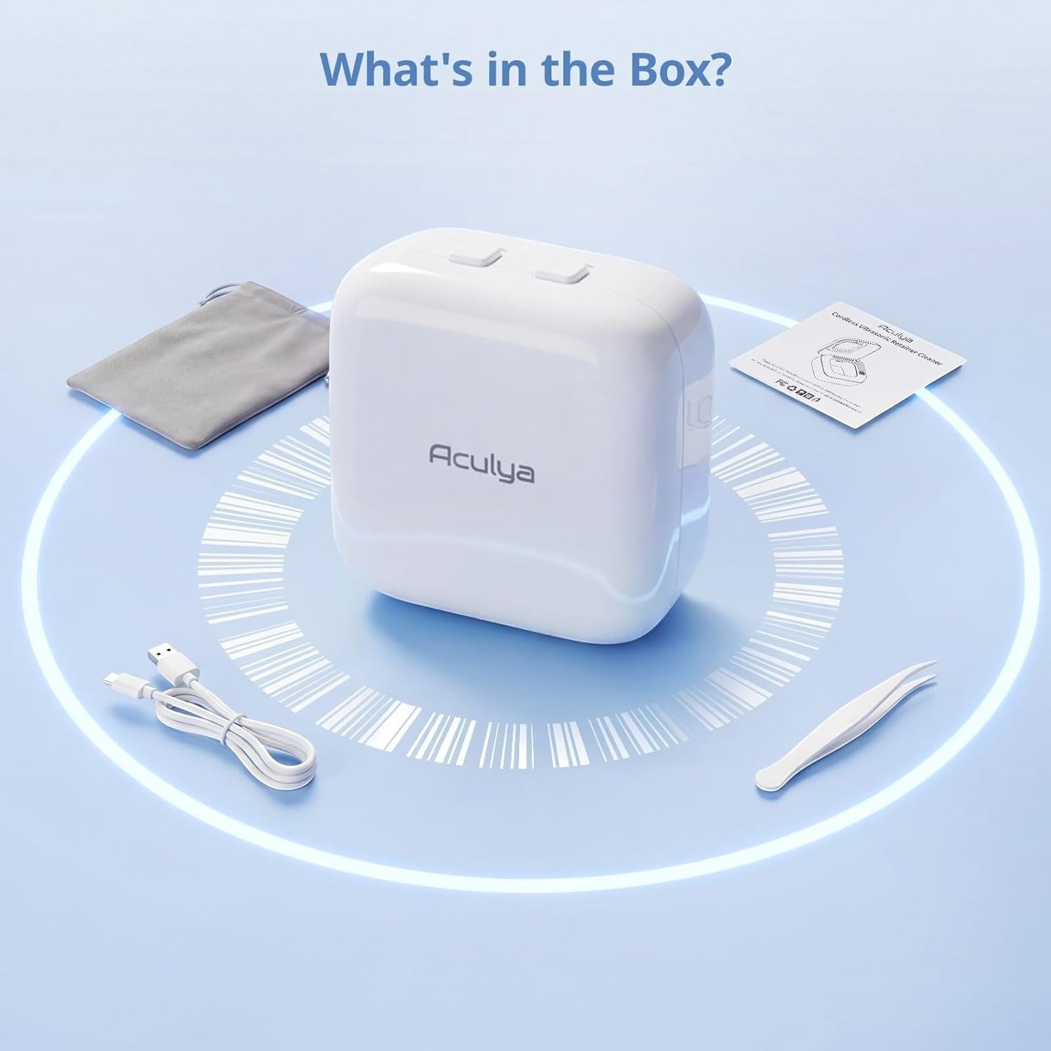 Exquisite Deal Shop white cordless ultrasonic retainer cleaner pod with USB cable, cleaning cloth, and tweezers.