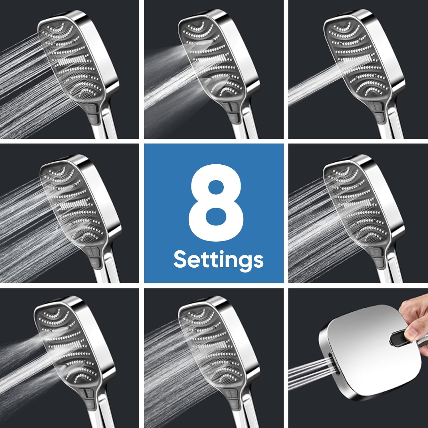 High Pressure Handheld Shower Head 8 Modes Silver
