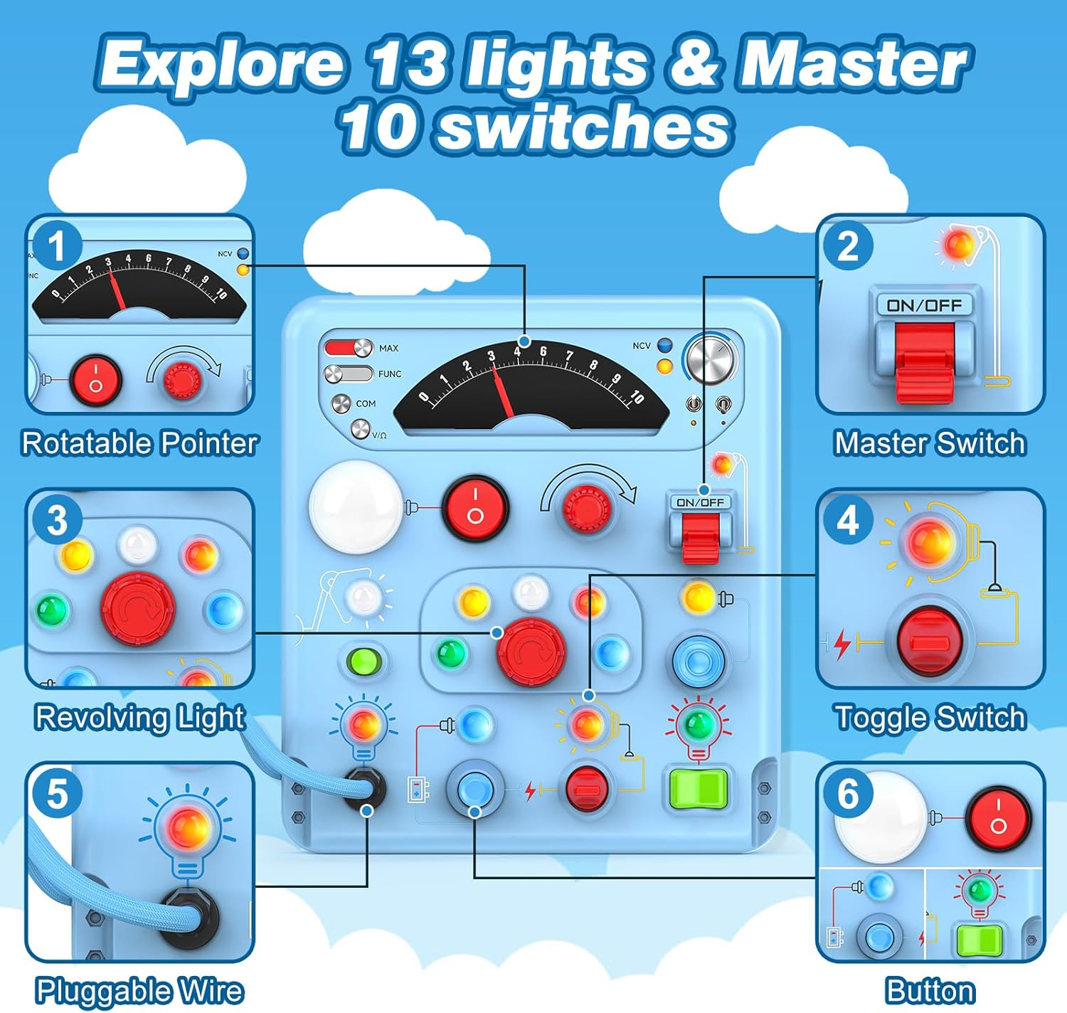 Montessori Busy Board with 13 LED Lights