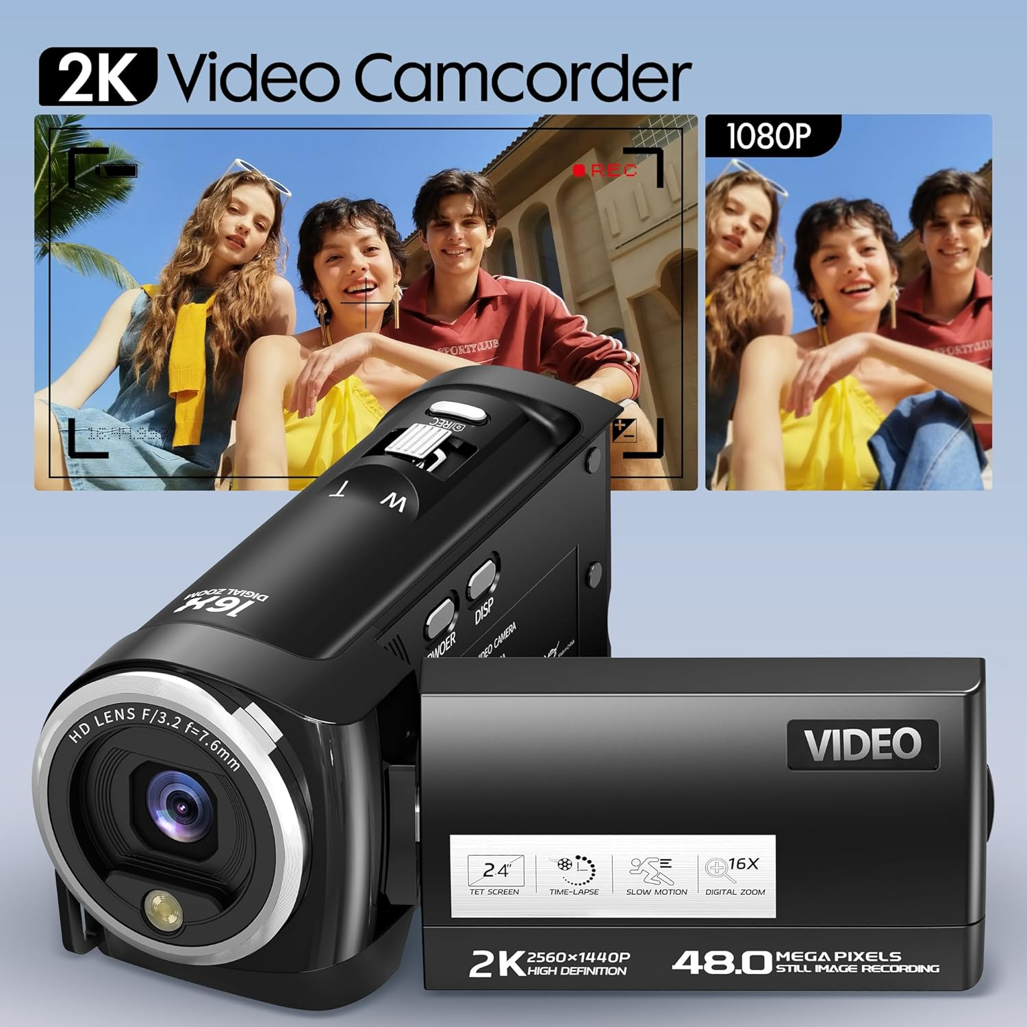 HD 2K 48MP Vlogging Camcorder 16X Zoom 32GB
