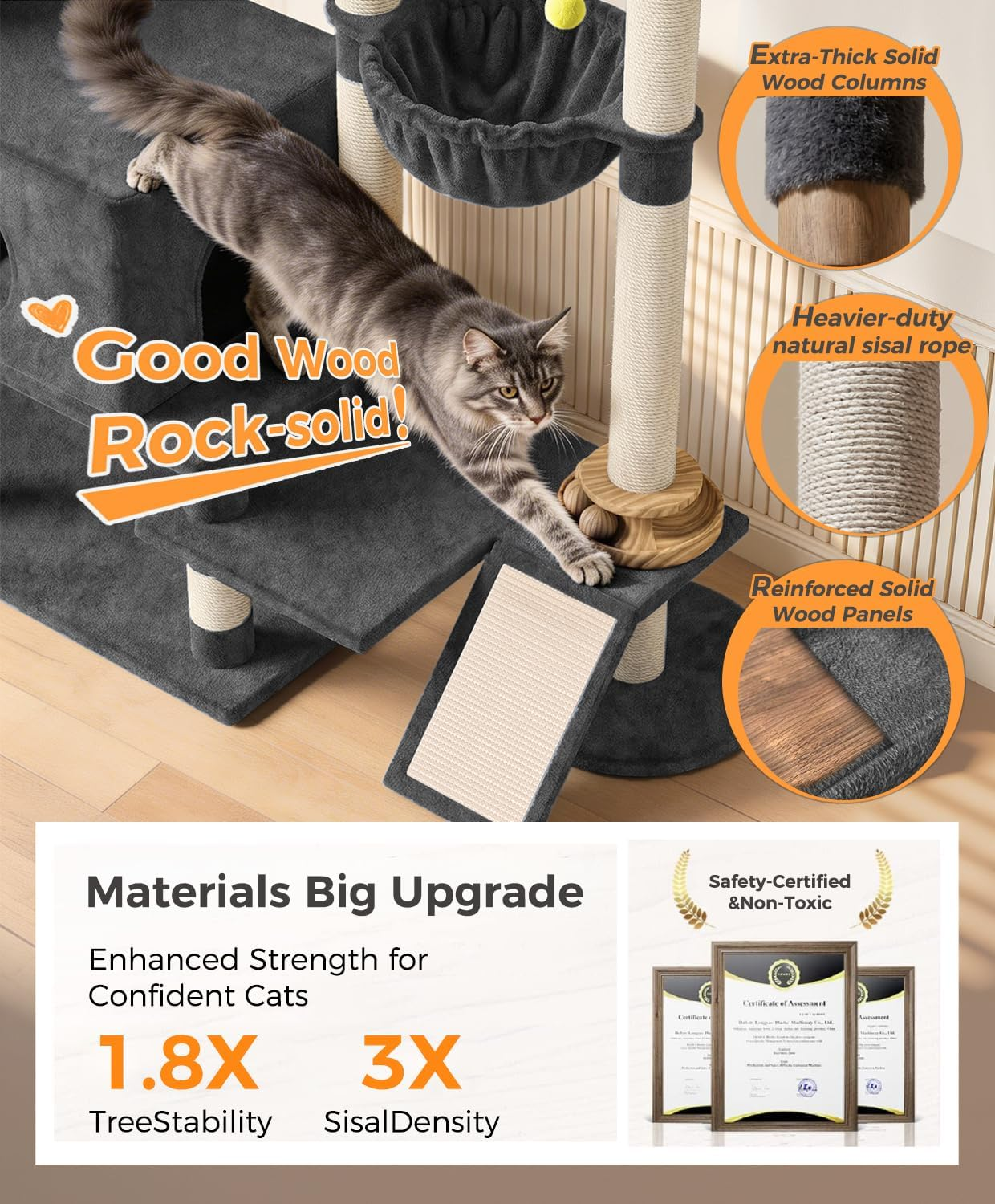 Catlike 76in Real Wood Cat Tree Tower Large Cats