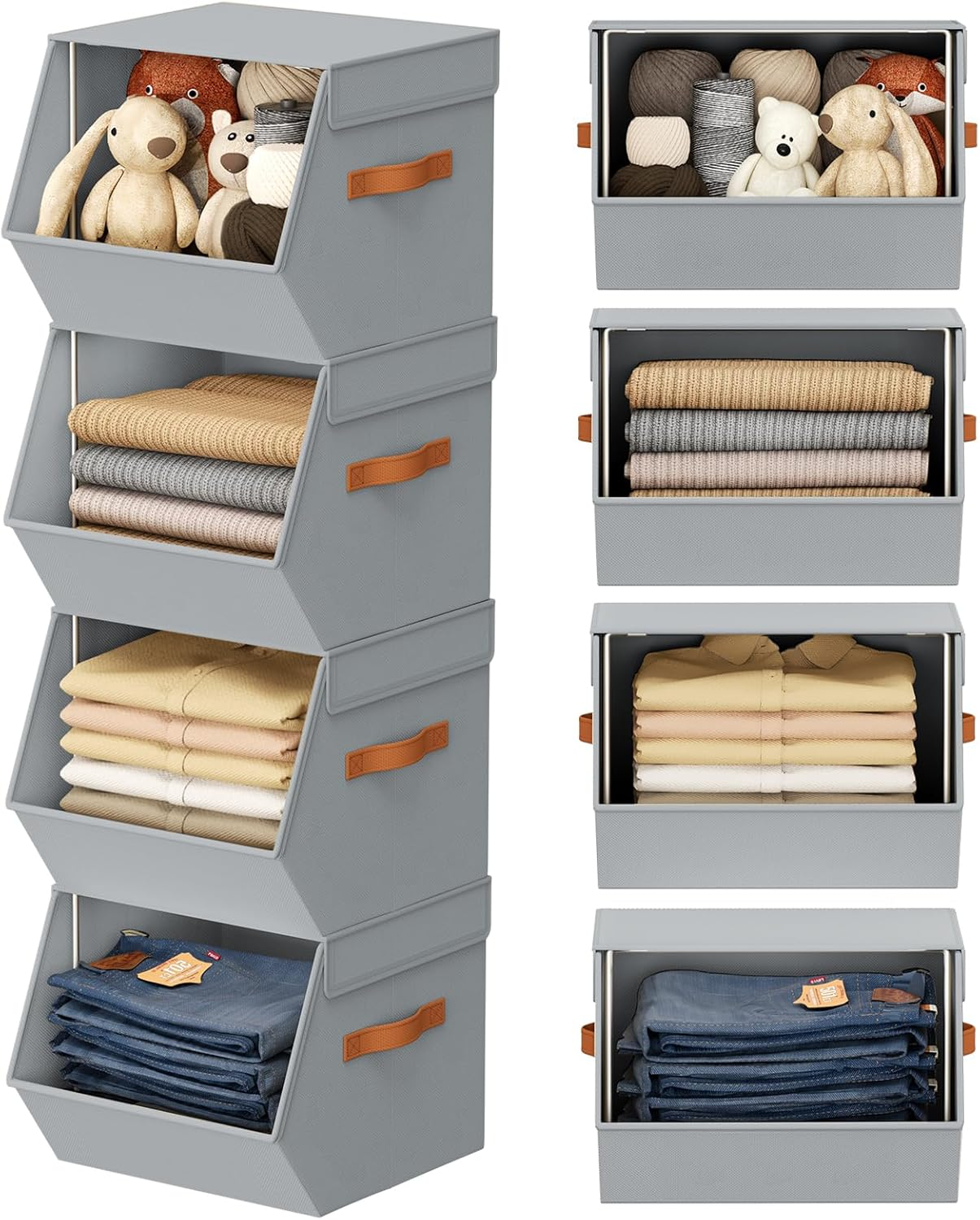 Foldable Stackable Storage Bins 4 Pack Gray