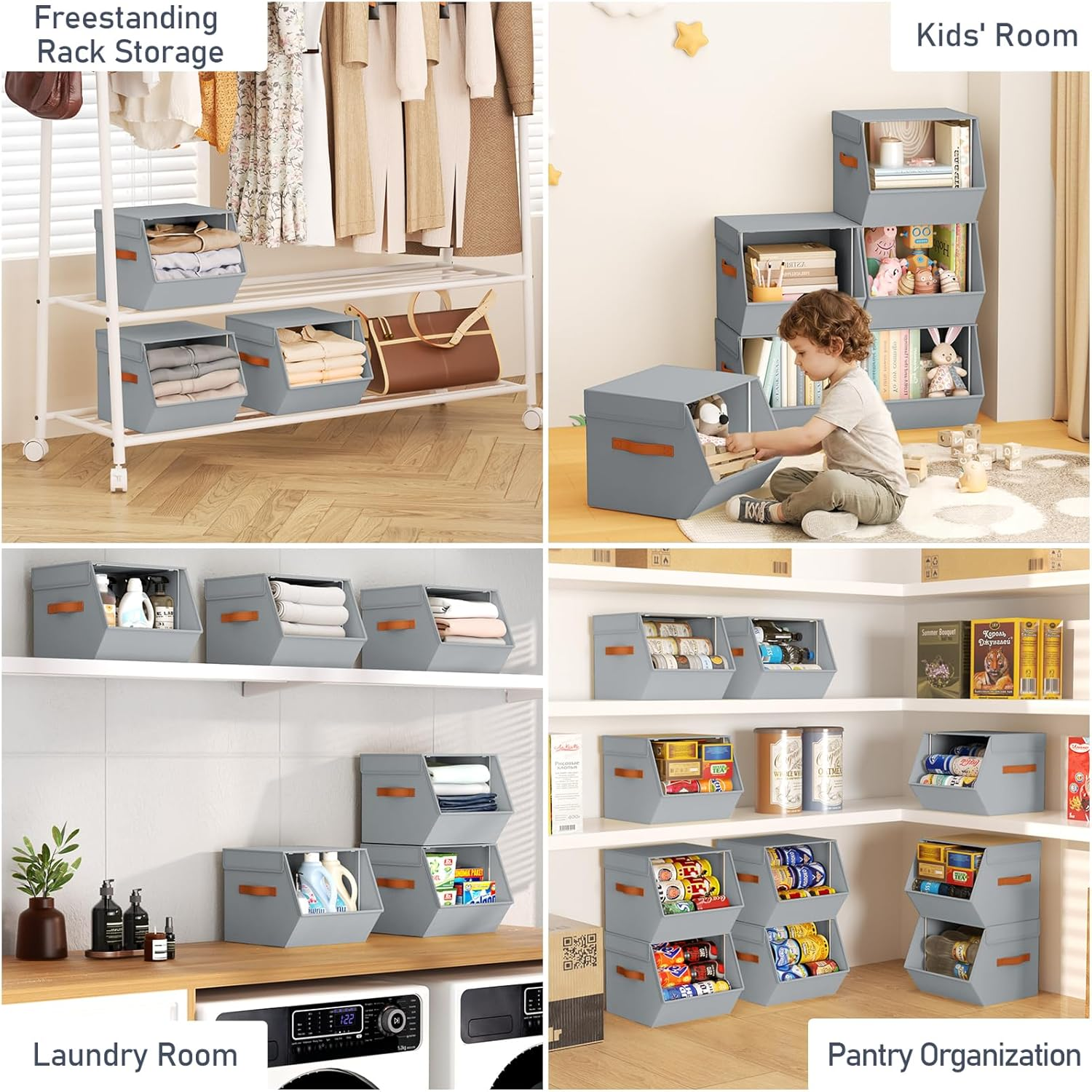Foldable Stackable Storage Bins 4 Pack Gray