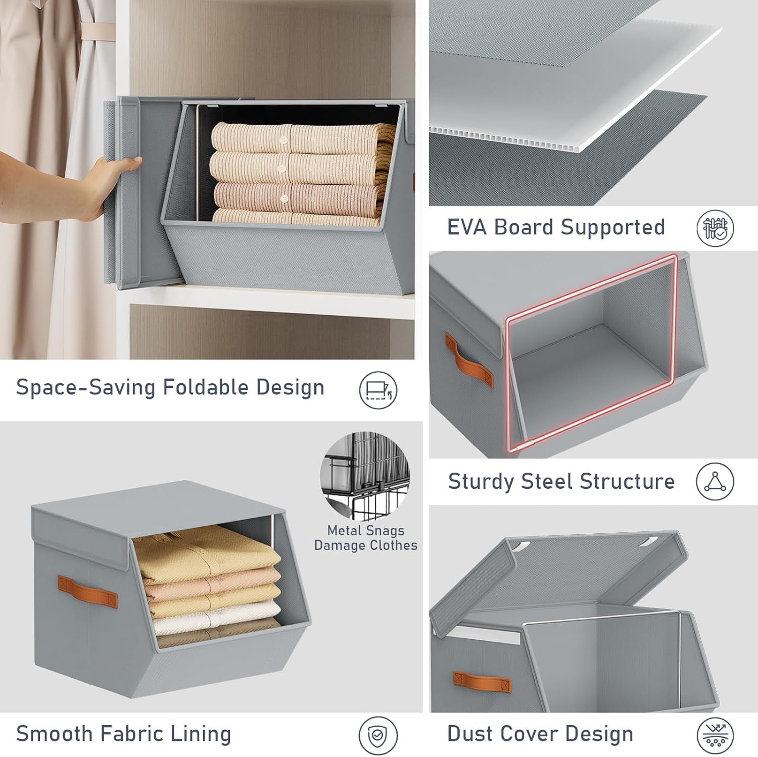 Foldable Stackable Storage Bins 4 Pack Gray