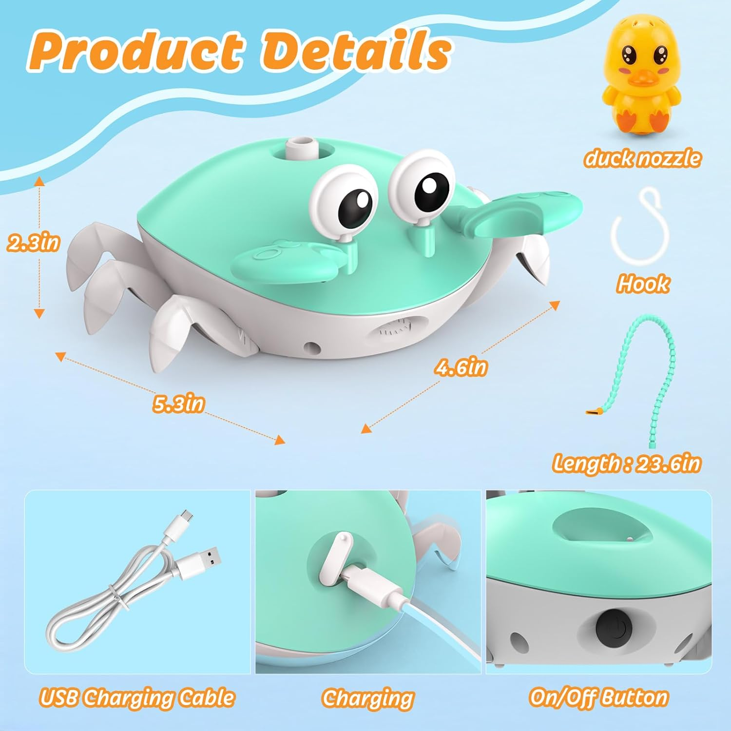 Crab Water Pump Toy 5400mAh 8Hr IP67 Kids 1-3