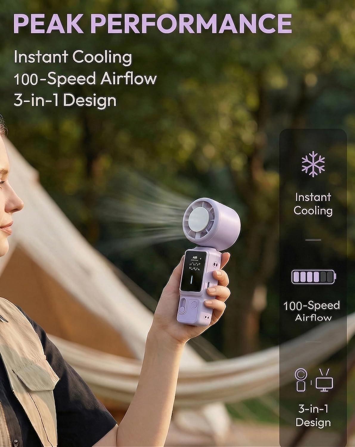 3-in-1 Wearable Handheld Fan 100-Gear Purple