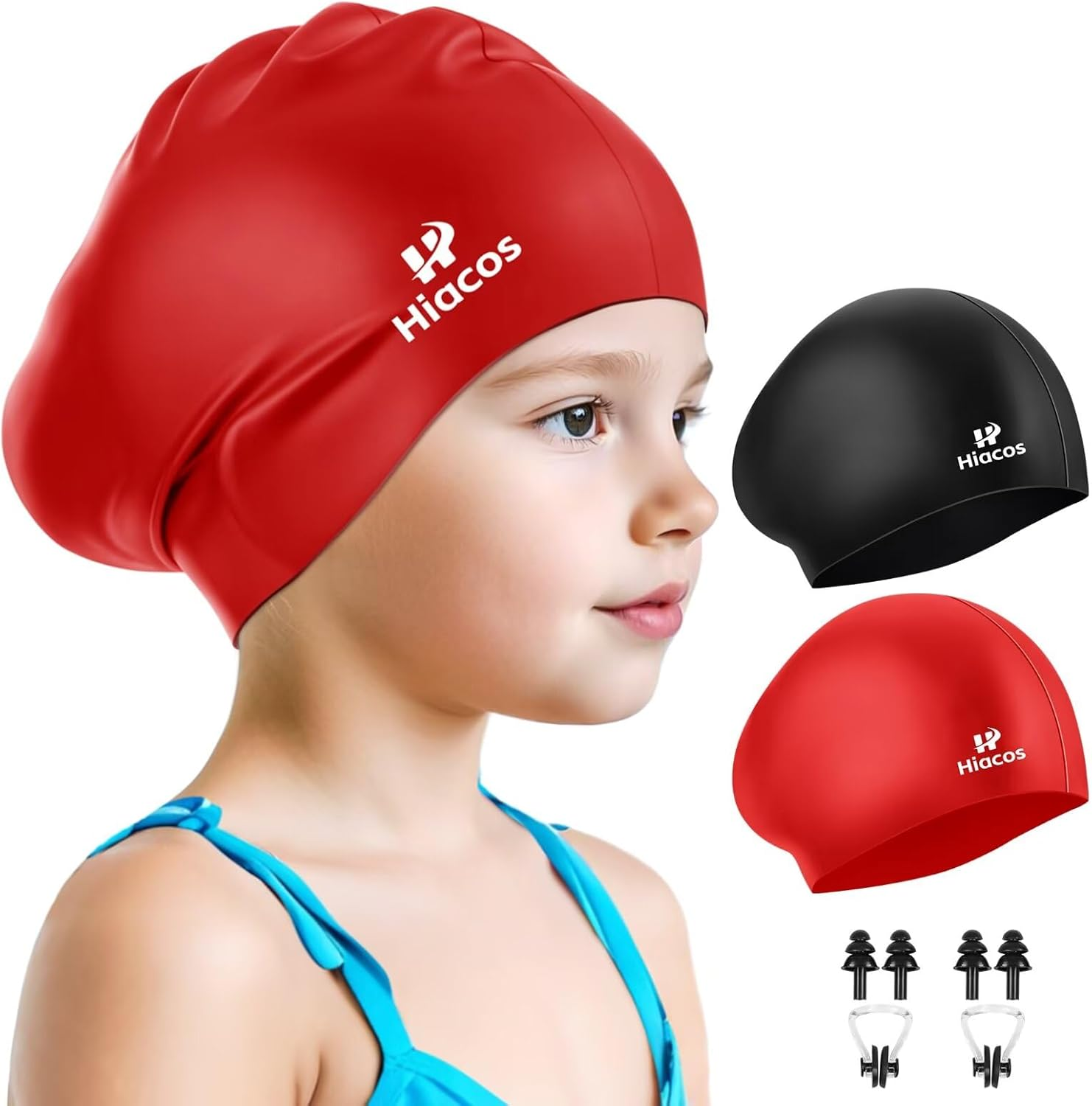 Kids Silicone Swim Cap 2 Pack 2 Size Girls Boys Long Hair