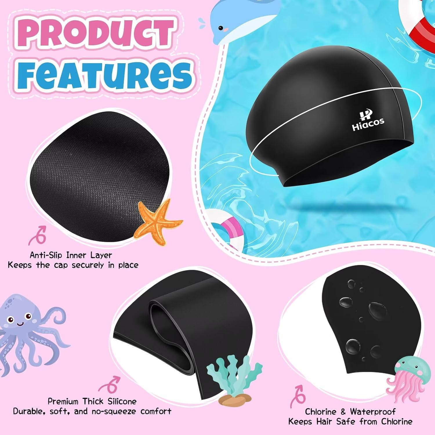 Kids Silicone Swim Cap 2 Pack 2 Size Girls Boys Long Hair