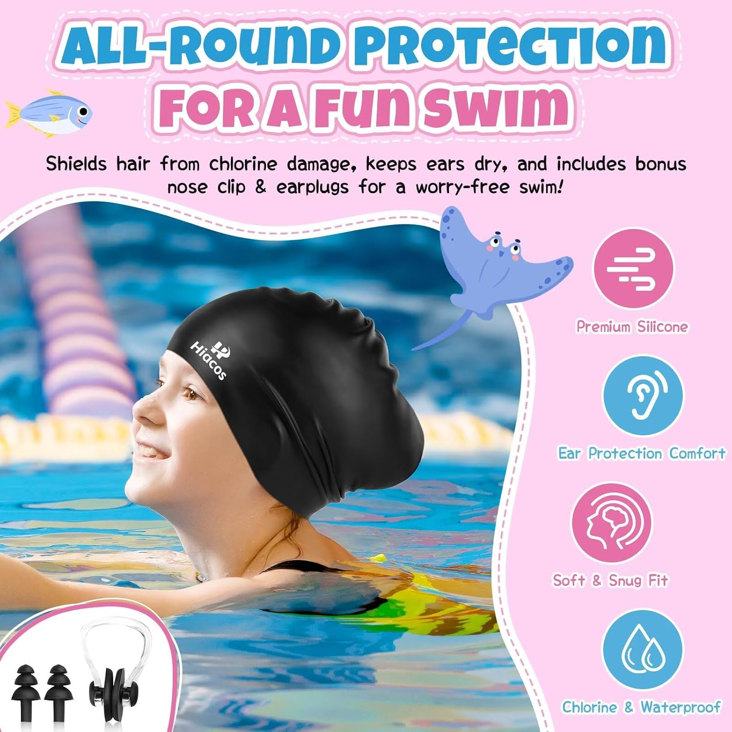 Kids Silicone Swim Cap 2 Pack 2 Size Girls Boys Long Hair