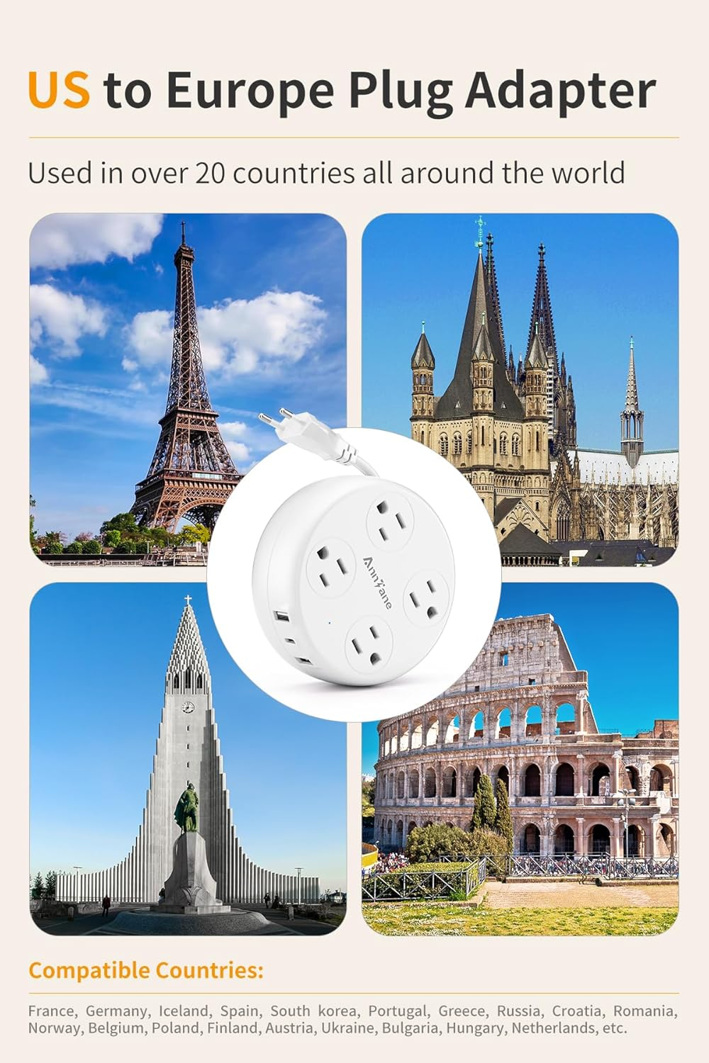 European Travel Plug Adapter 4 AC 3 USB-C Retractable Strip