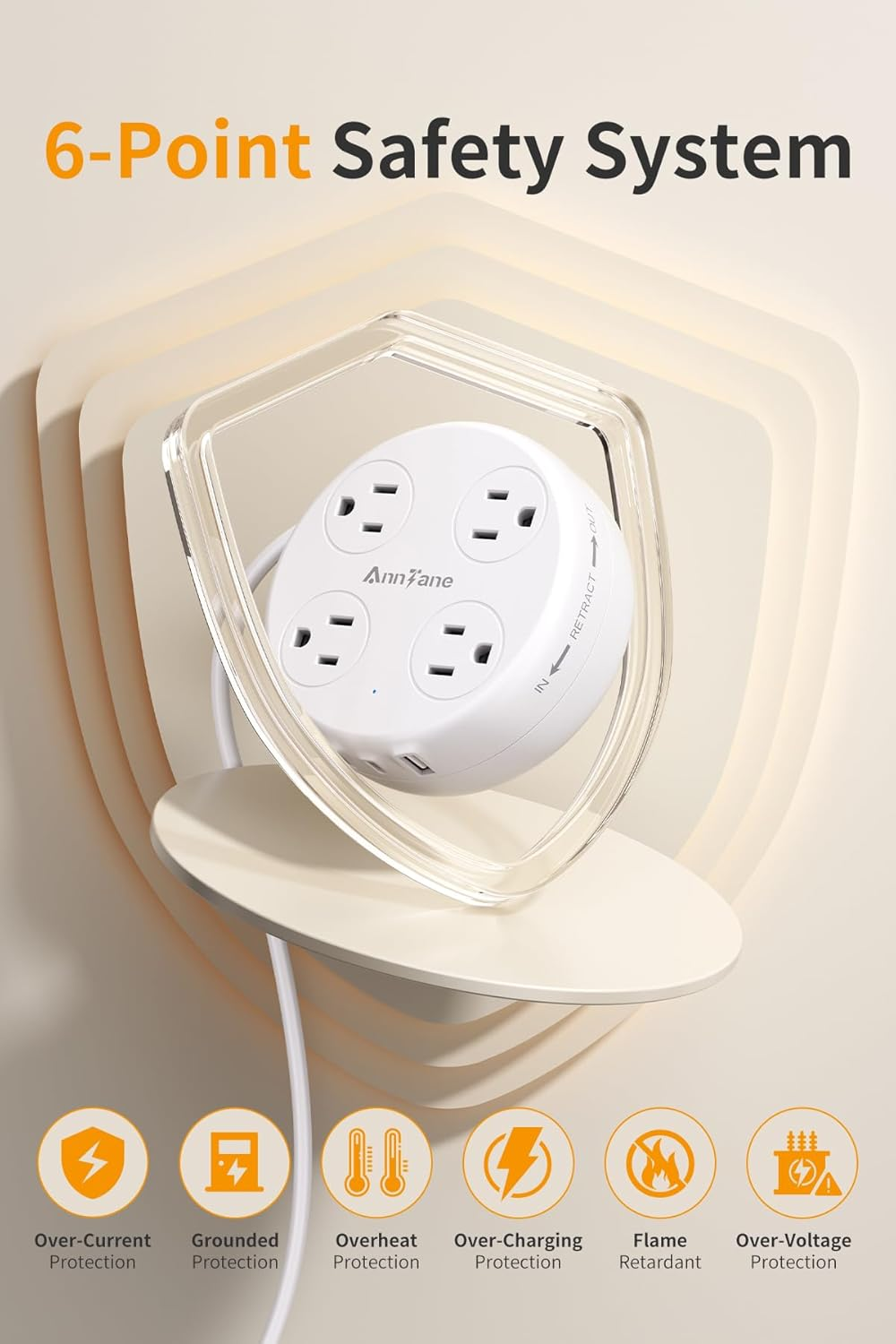 European Travel Plug Adapter 4 AC 3 USB-C Retractable Strip