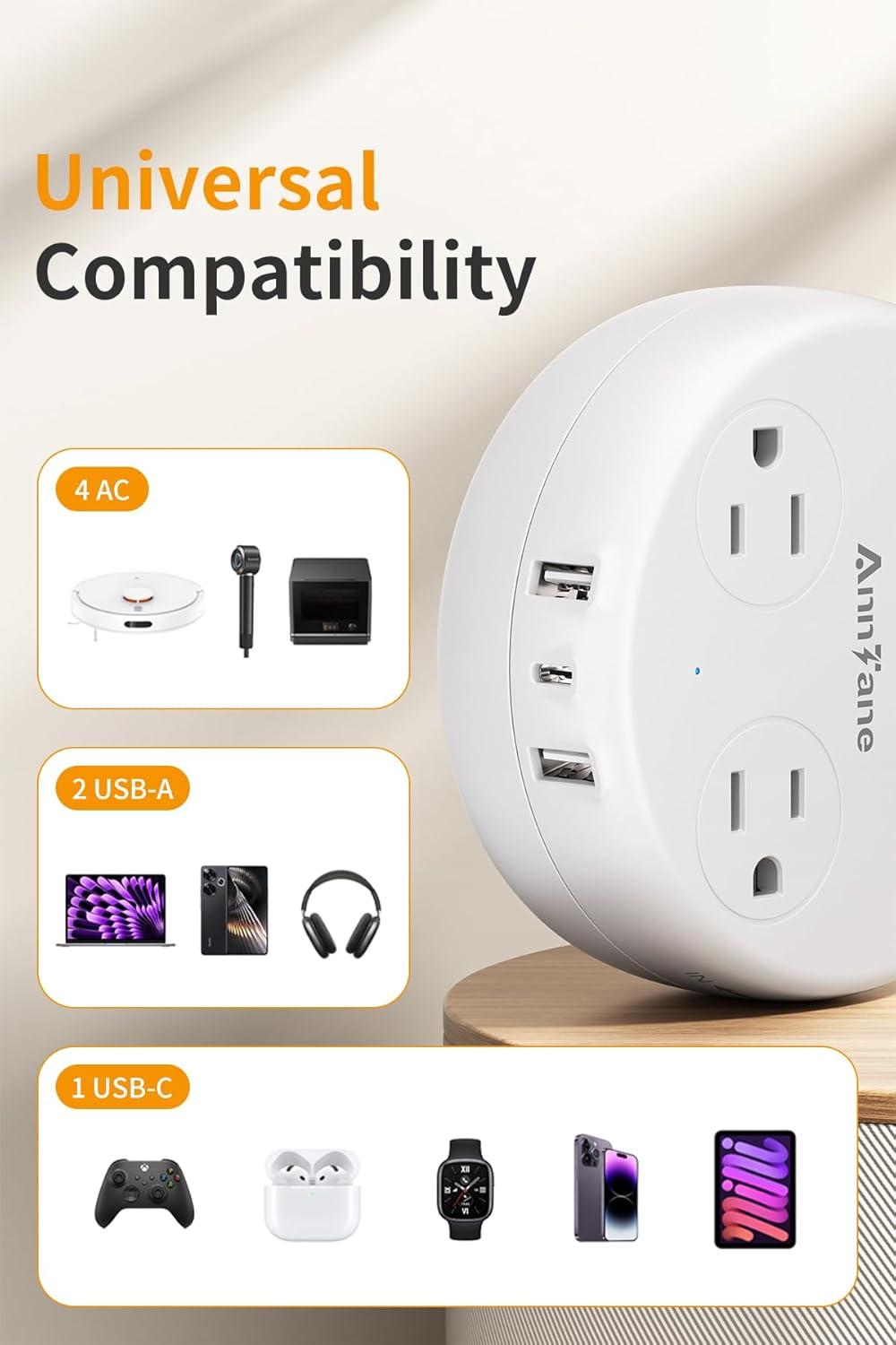 European Travel Plug Adapter 4 AC 3 USB-C Retractable Strip