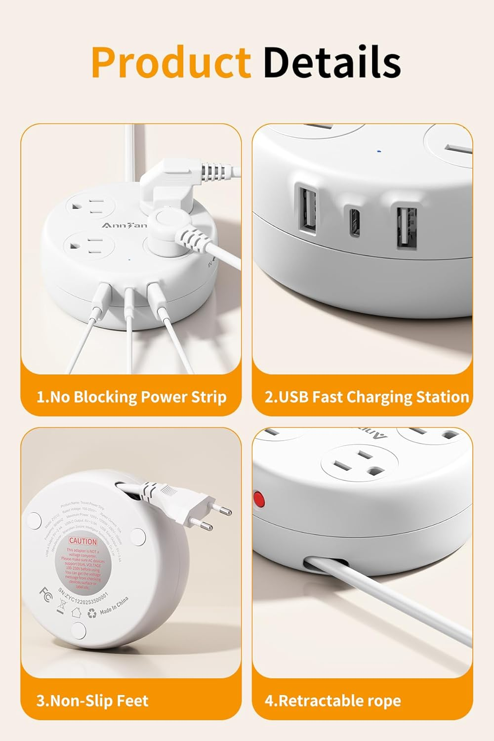 European Travel Plug Adapter 4 AC 3 USB-C Retractable Strip