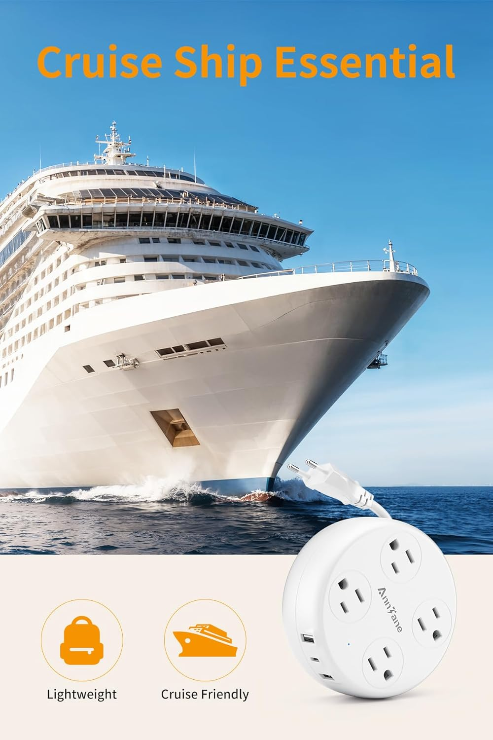 European Travel Plug Adapter 4 AC 3 USB-C Retractable Strip