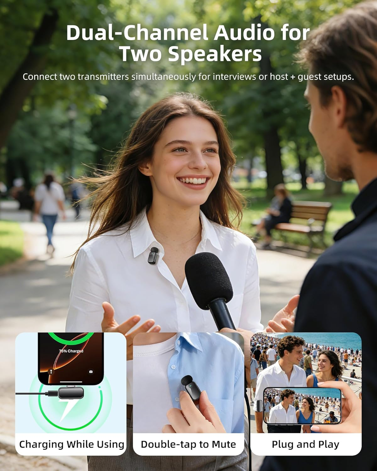 Wireless Lavalier Mic Dual Channel AI Noise Cancel 328ft 36H