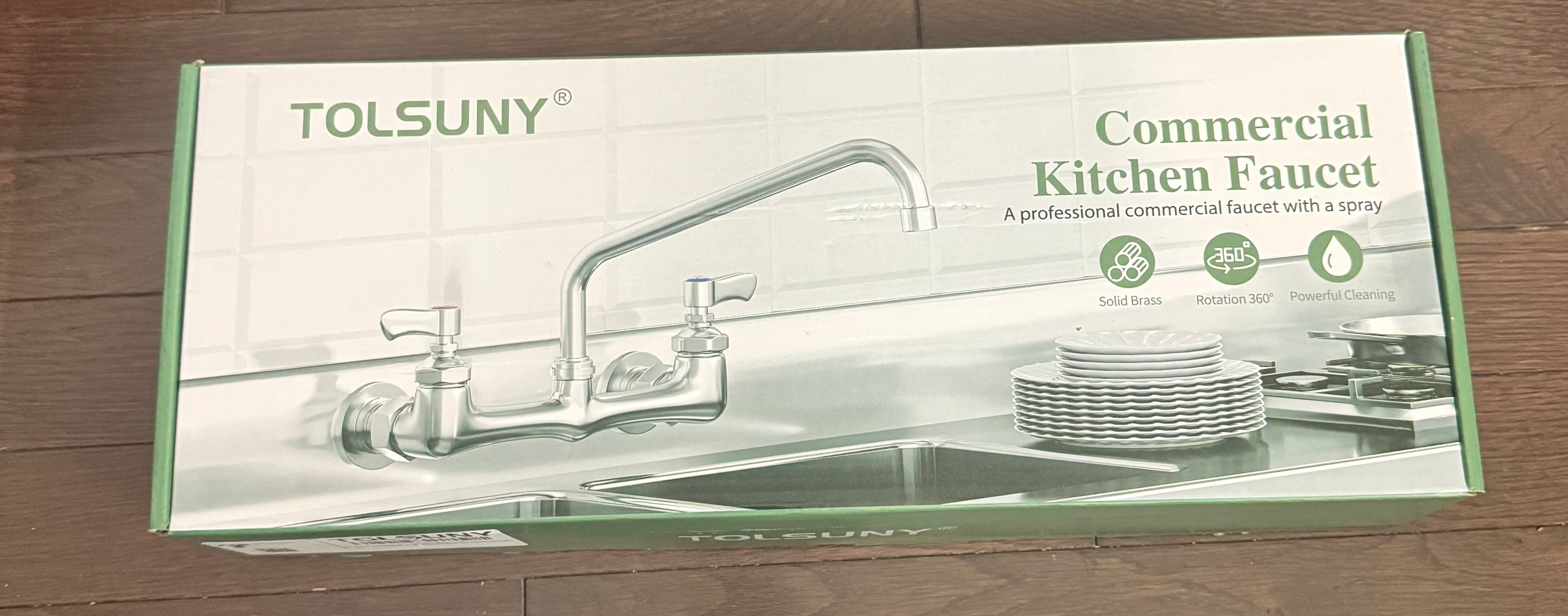 TOLSUNY Type: It's a wall-mounted commercial kitchen faucet with a pre-rinse sprayer.
