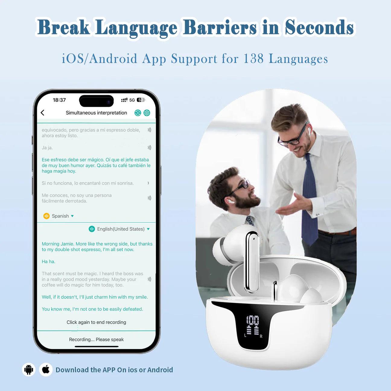 V19 Global Pro AI translating earbuds two-way real-time