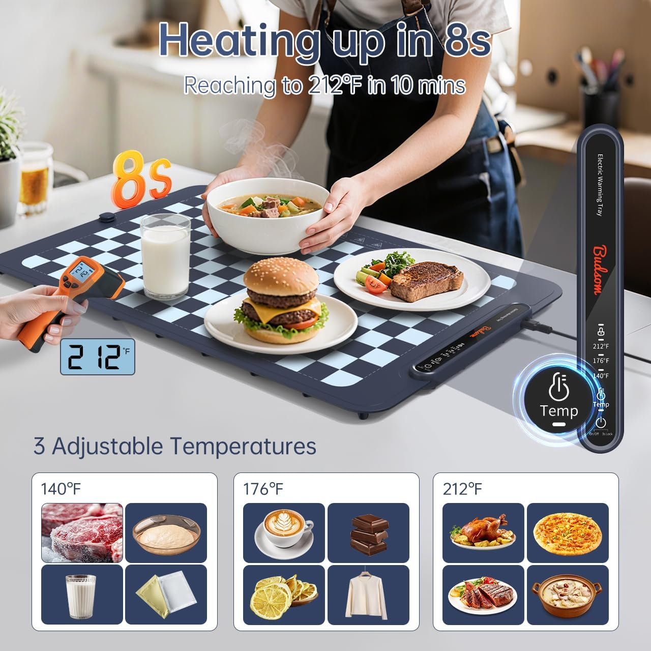 Mat for Food - Electric Warming Tray with 3 Temperature Levels & Auto Shut-Off