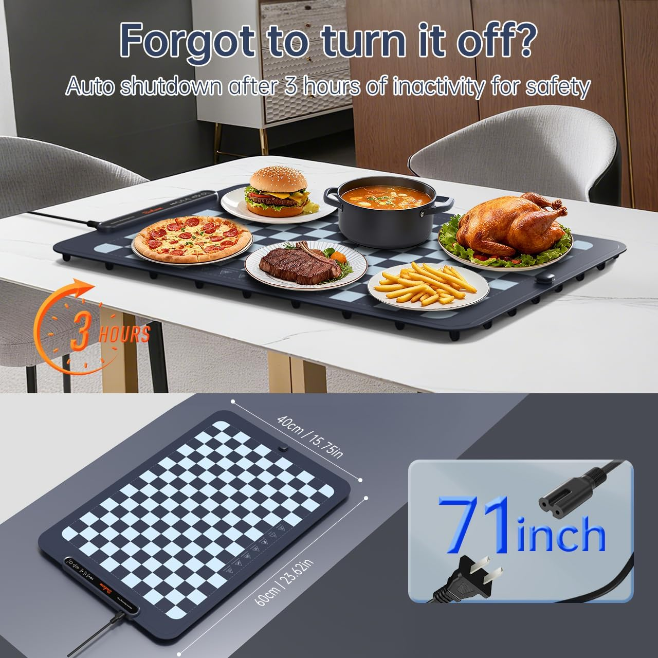 Mat for Food - Electric Warming Tray with 3 Temperature Levels & Auto Shut-Off