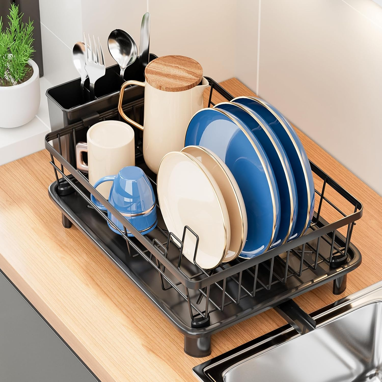 Stainless Steel Dish Drying Rack - Kitchen Counter & Sink Organizer with Utensil Holder