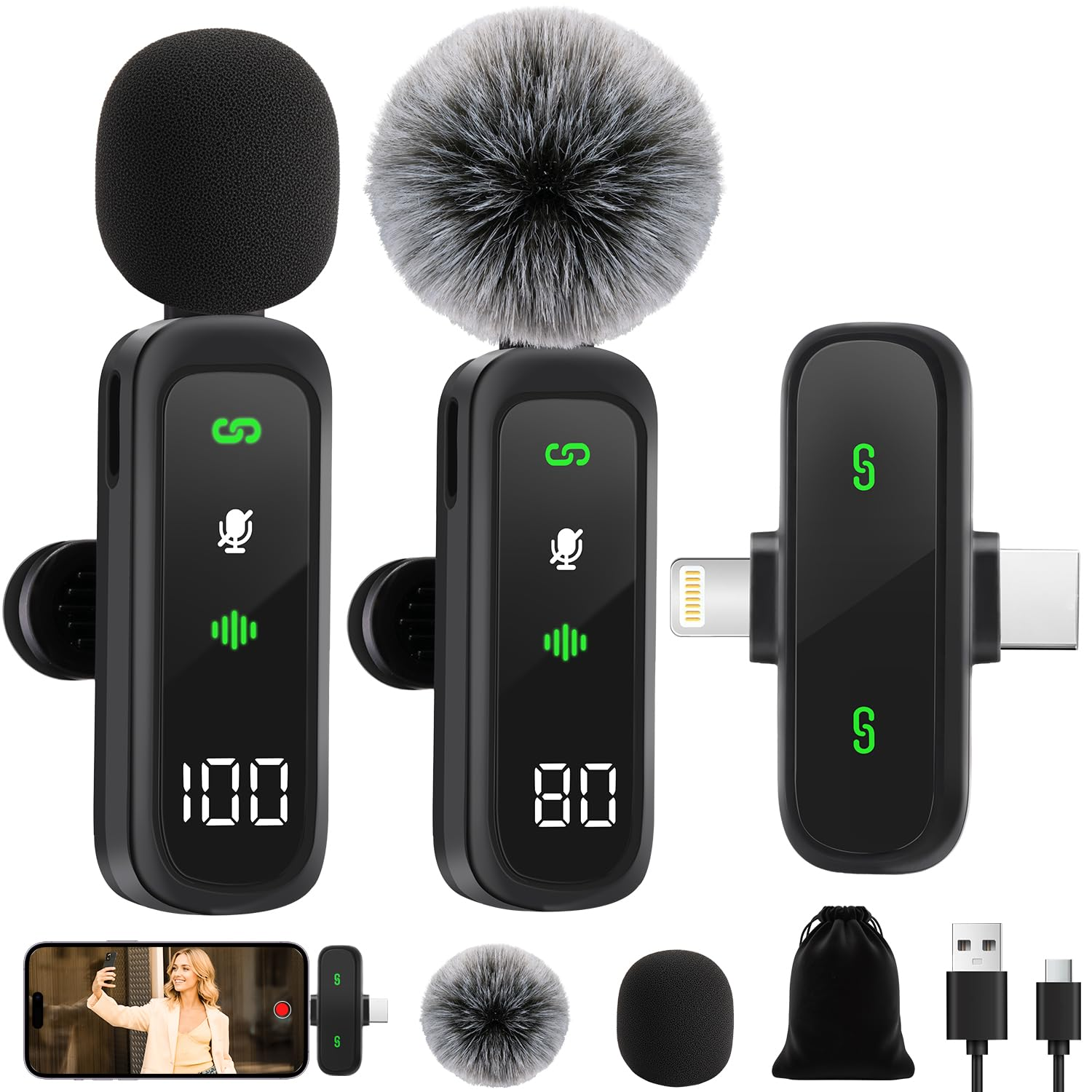 Wireless Microphone 2-Pack for iPhone 15/16 iPad Android - USB-C Lapel Mic with Noise Reduction