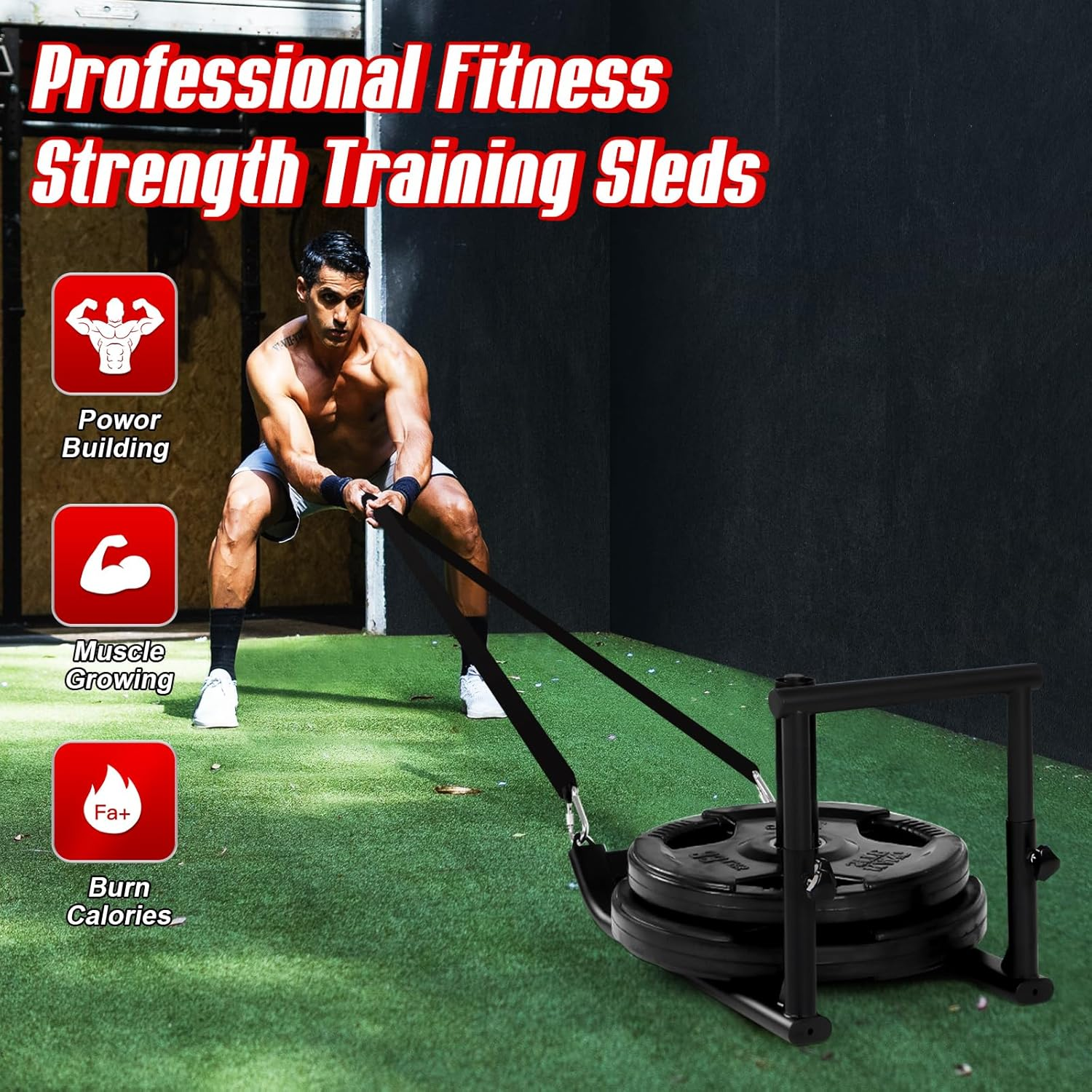 GADFISH Weighted Workout Sled - Push Pull Training Equipment for Adults & Kids | 1" & 2" Weight Plate Compatible