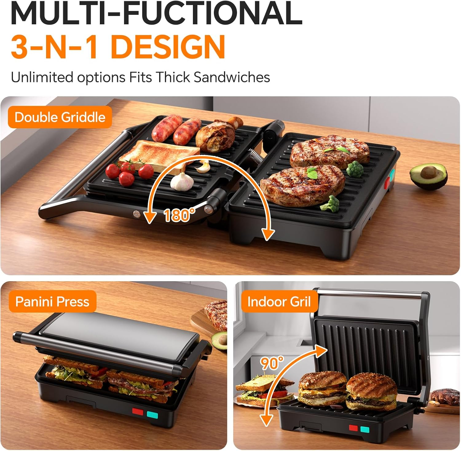 Panini Press Grill - 1000W Sandwich Maker with Non-Stick Plates, 180° Opening & Removable Drip Tray
