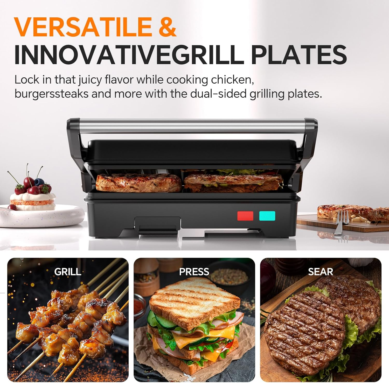 Panini Press Grill - 1000W Sandwich Maker with Non-Stick Plates, 180° Opening & Removable Drip Tray