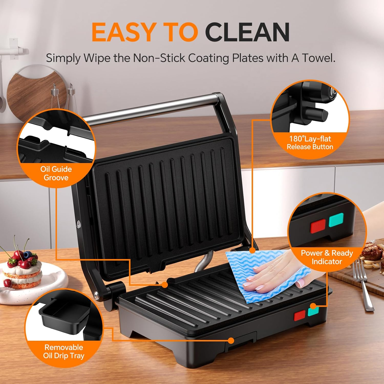 Panini Press Grill - 1000W Sandwich Maker with Non-Stick Plates, 180° Opening & Removable Drip Tray