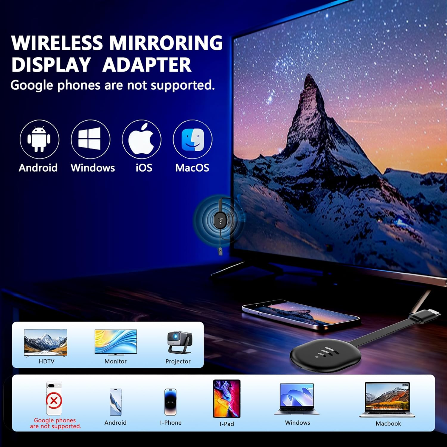 4K Wireless HDMI Display Dongle Adapter - WiFi Screen Mirroring for iPhone iPad Android Mac to TV Projector Monitor