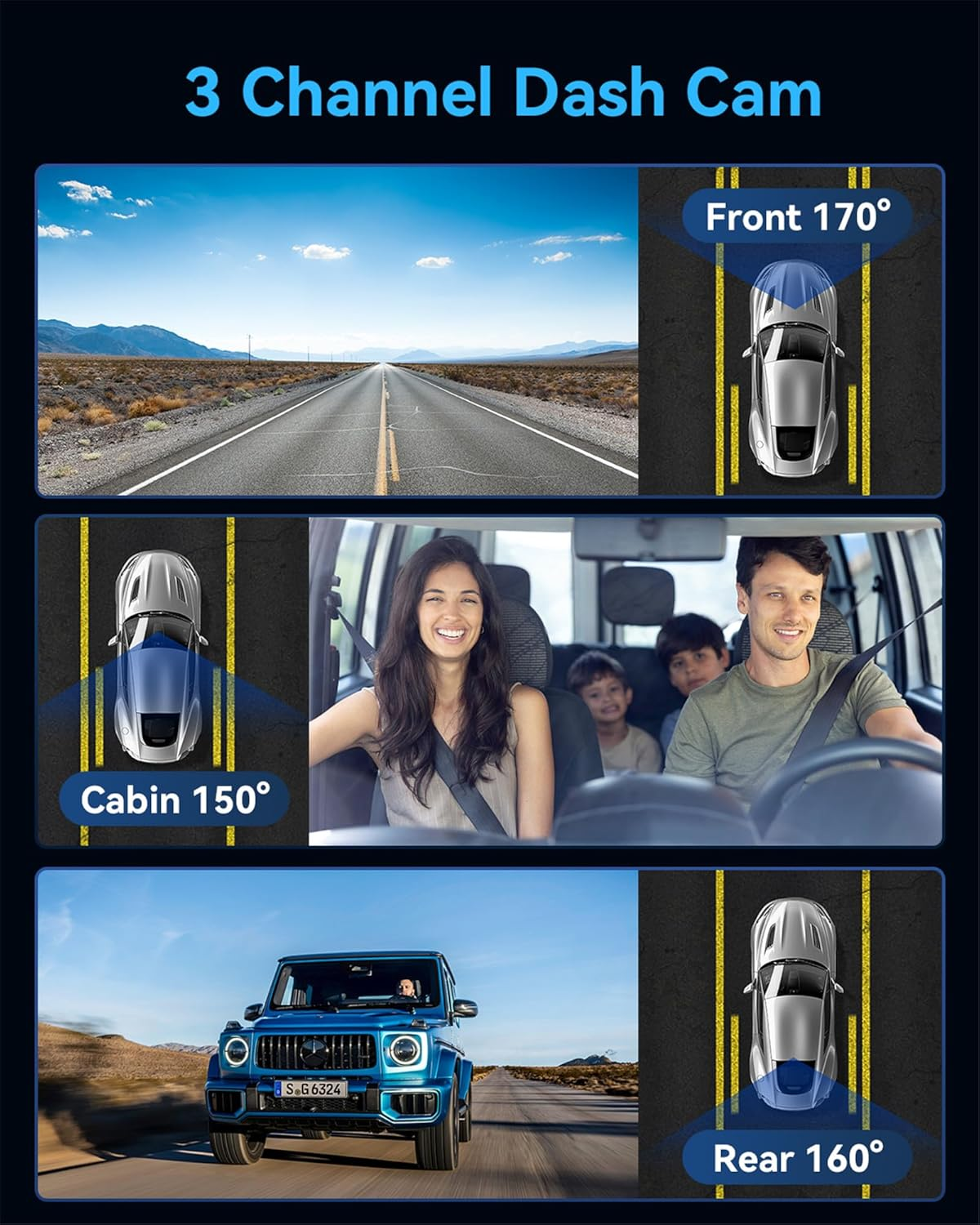 4K Dash Cam Front Rear Interior 3 Channel - Built-in 32GB, Night Vision, 24Hr Recording