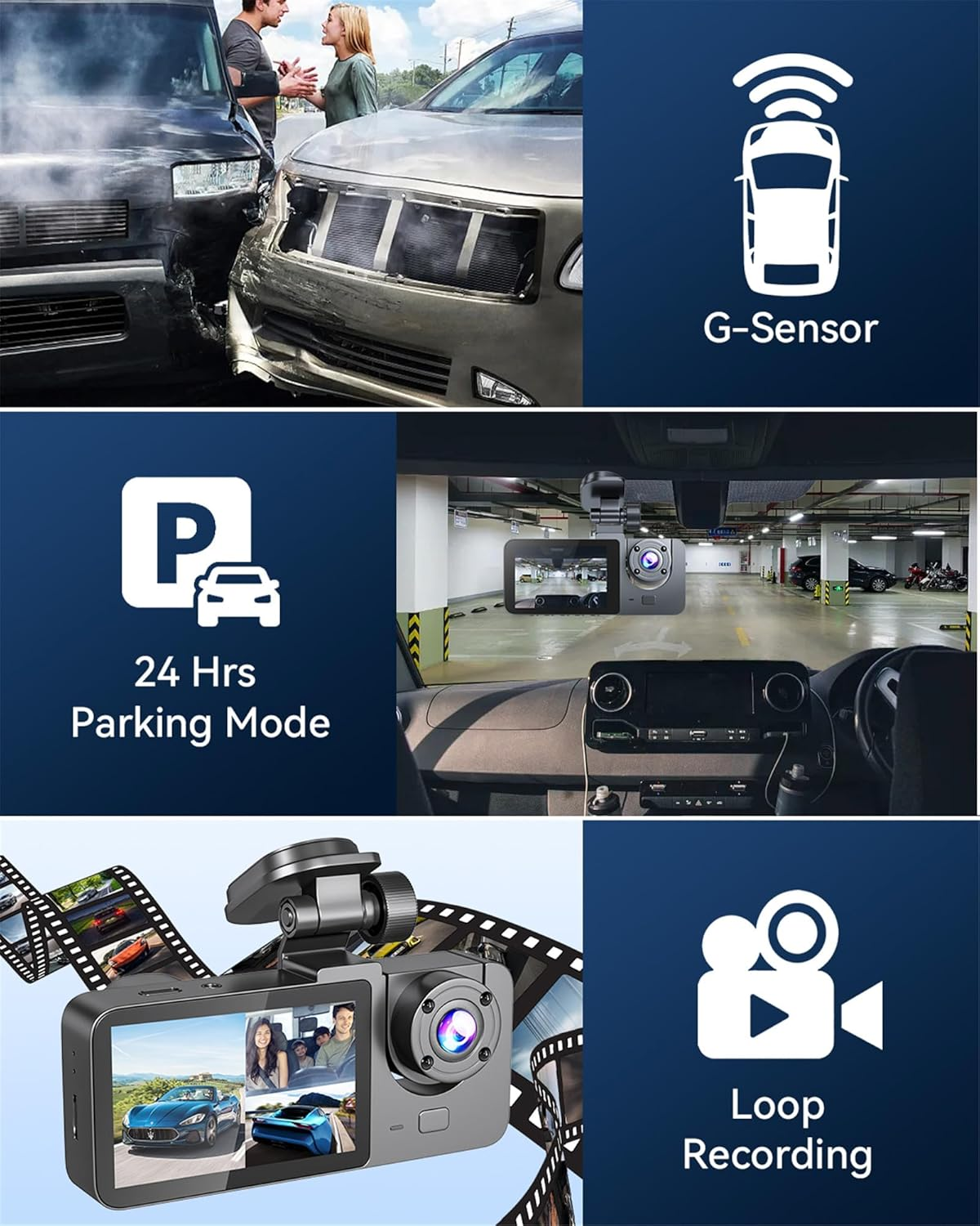 4K Dash Cam Front Rear Interior 3 Channel - Built-in 32GB, Night Vision, 24Hr Recording