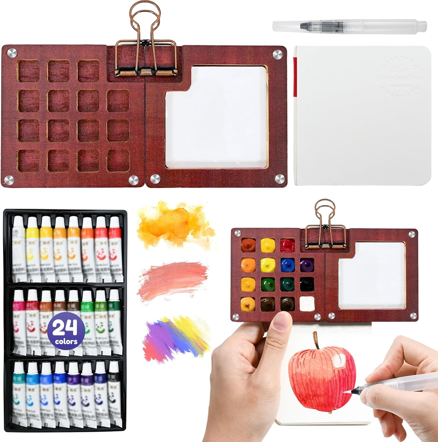 Mini Watercolor Travel Set - 24 Colors, Portable Wooden Palette, Brush & Sketchbook for Artists & Students