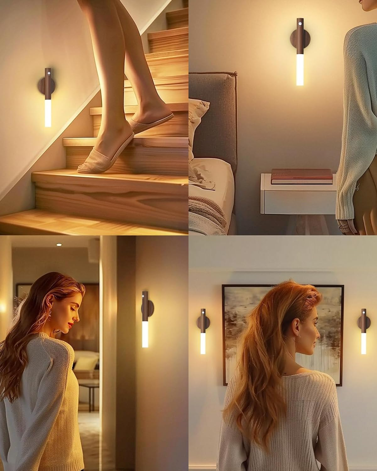 Battery Operated Motion Sensor Night Lights - 2200mAh Rechargeable Magnetic Wall Sconces, Wireless LED Stairway & Hallway Lights, Wooden Design