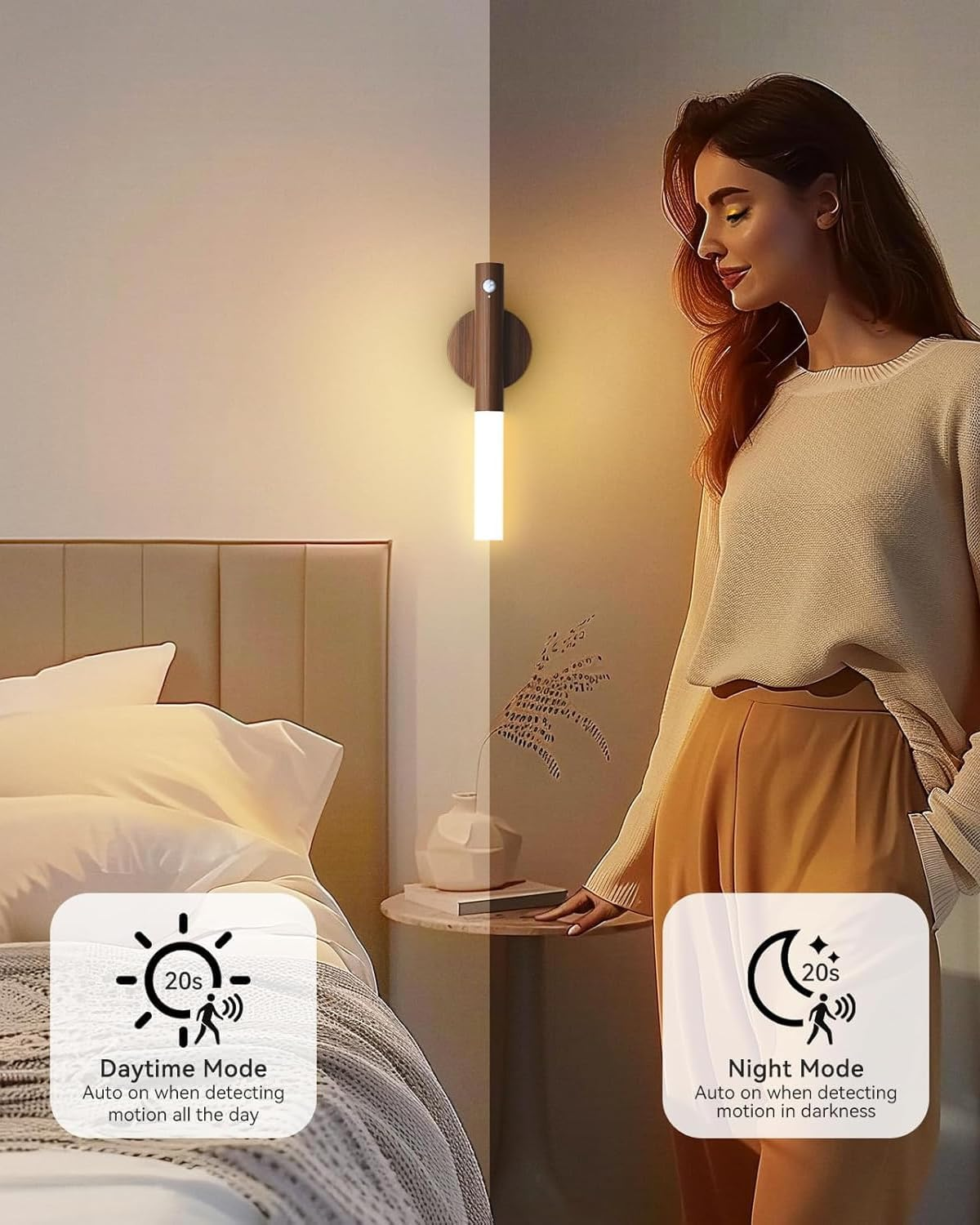 Battery Operated Motion Sensor Night Lights - 2200mAh Rechargeable Magnetic Wall Sconces, Wireless LED Stairway & Hallway Lights, Wooden Design