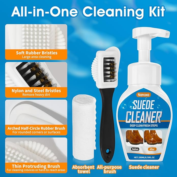 Suede & Nubuck Shoe Cleaner Kit - Professional No-Rinse Foam with Brush & Microfiber Towel | Restores Sneakers, Boots & Leather Footwear