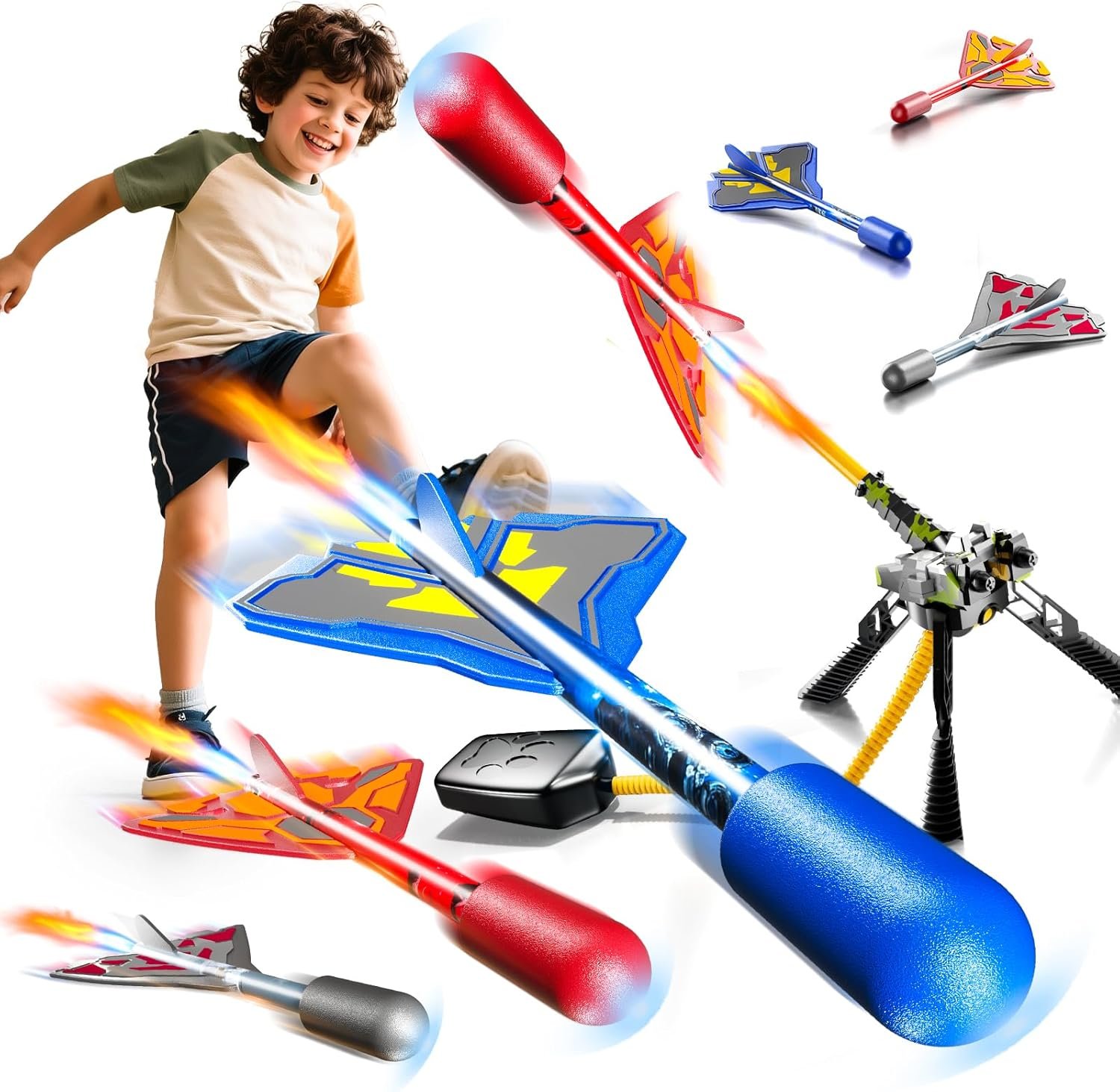Rocket Launcher for Kids with 4 LED Airplane Rockets - Outdoor Toy Tank Launcher for Toddlers Ages 2-8 - Birthday Gift for Boys Girls