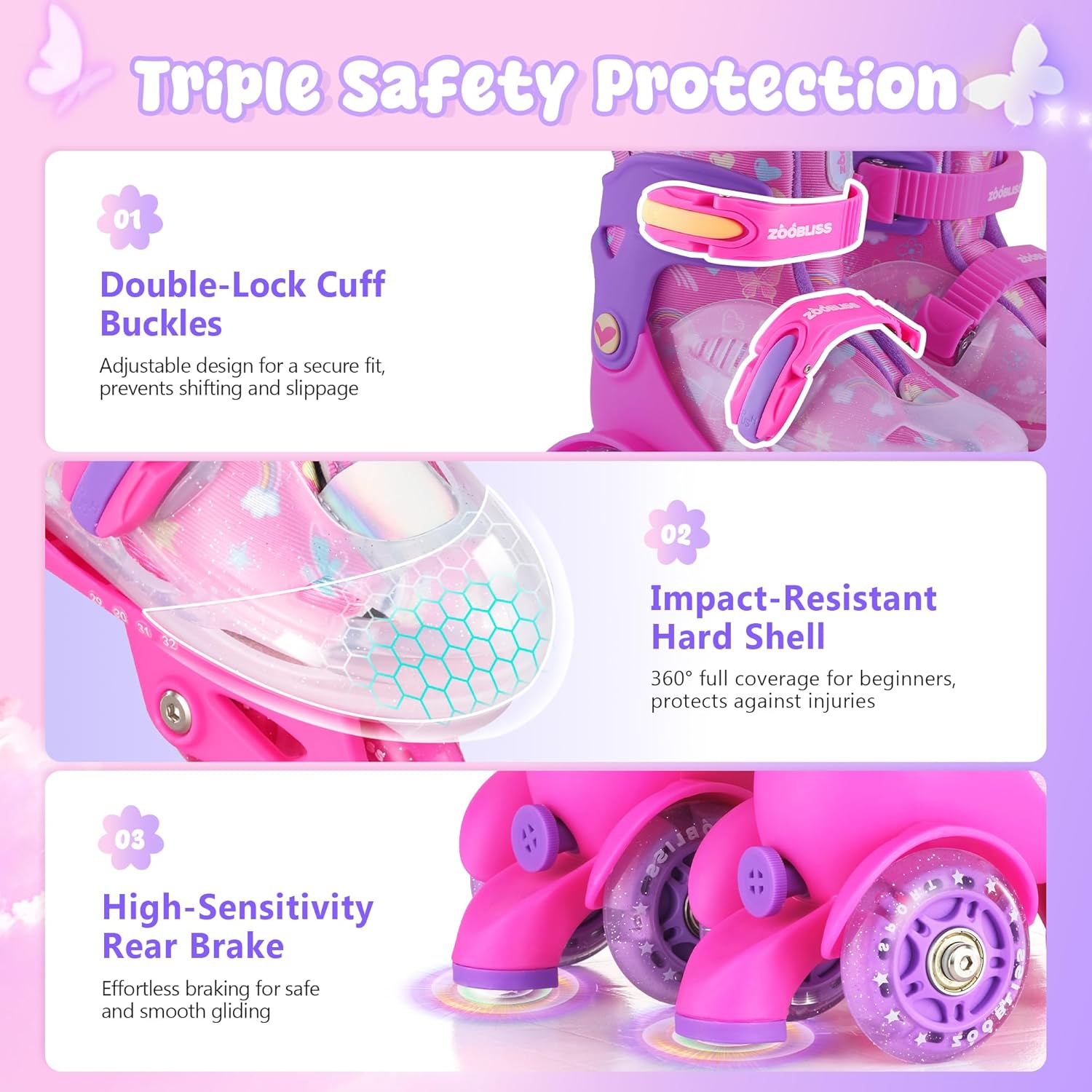 Kids Roller Skates for Beginners - Tri-Wheel Toddler Skates with Light-Up Wheels & 4 Adjustable Sizes for Ages 3-7