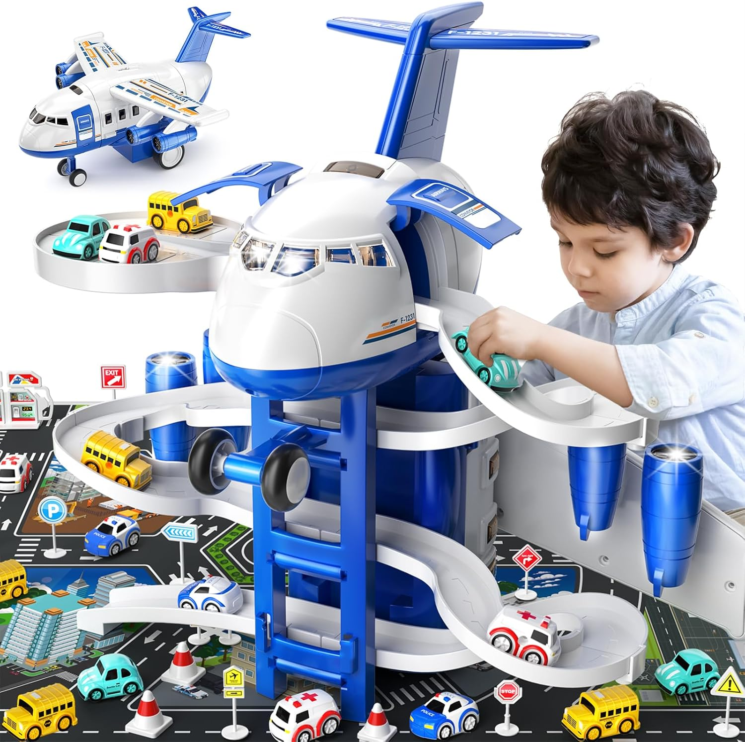 Airplane Toys for Toddlers 3-5 - Car Race Tracks for Kids Ages 4-8 with 8 Die-Cast Cars & Educational Play Set