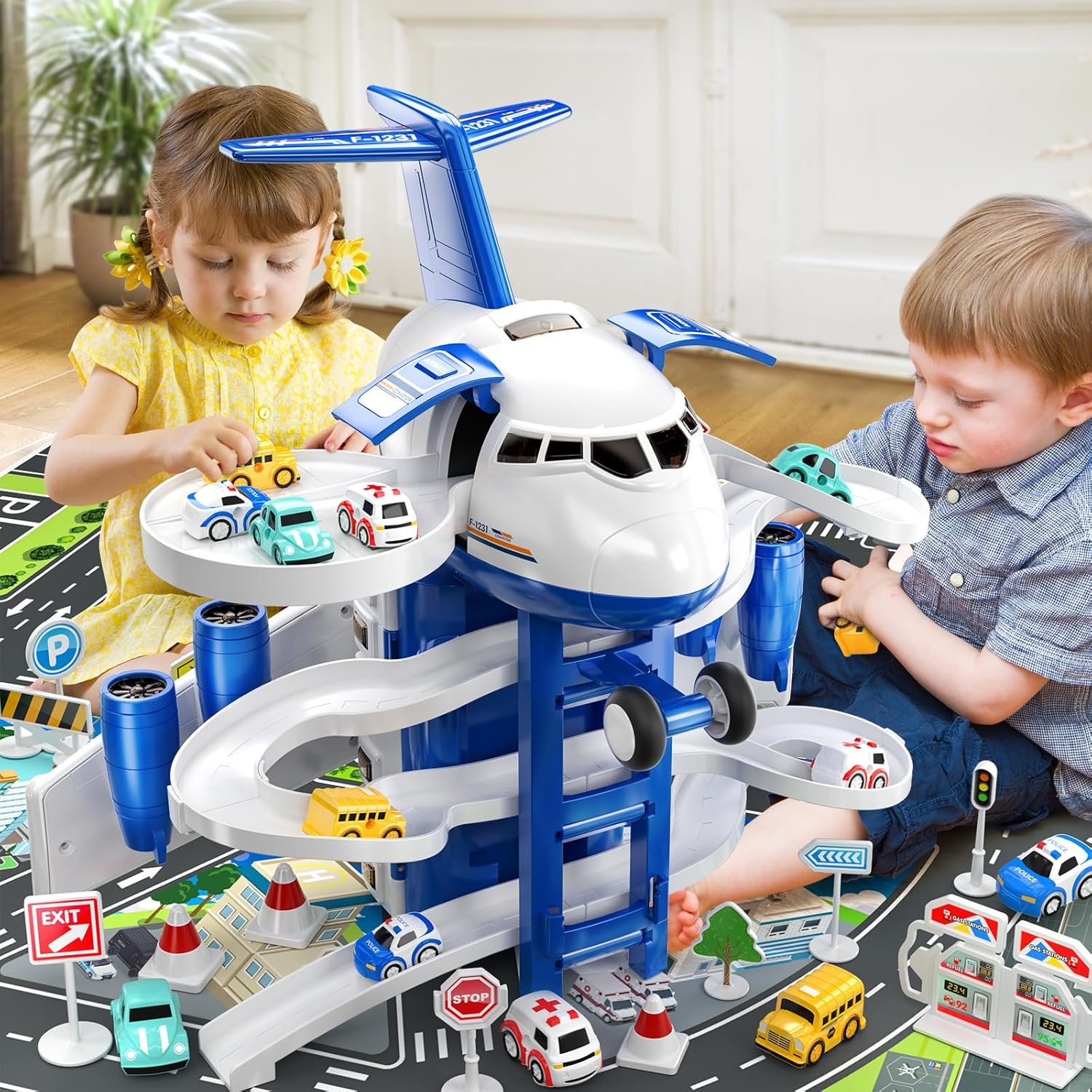Airplane Toys for Toddlers 3-5 - Car Race Tracks for Kids Ages 4-8 with 8 Die-Cast Cars & Educational Play Set