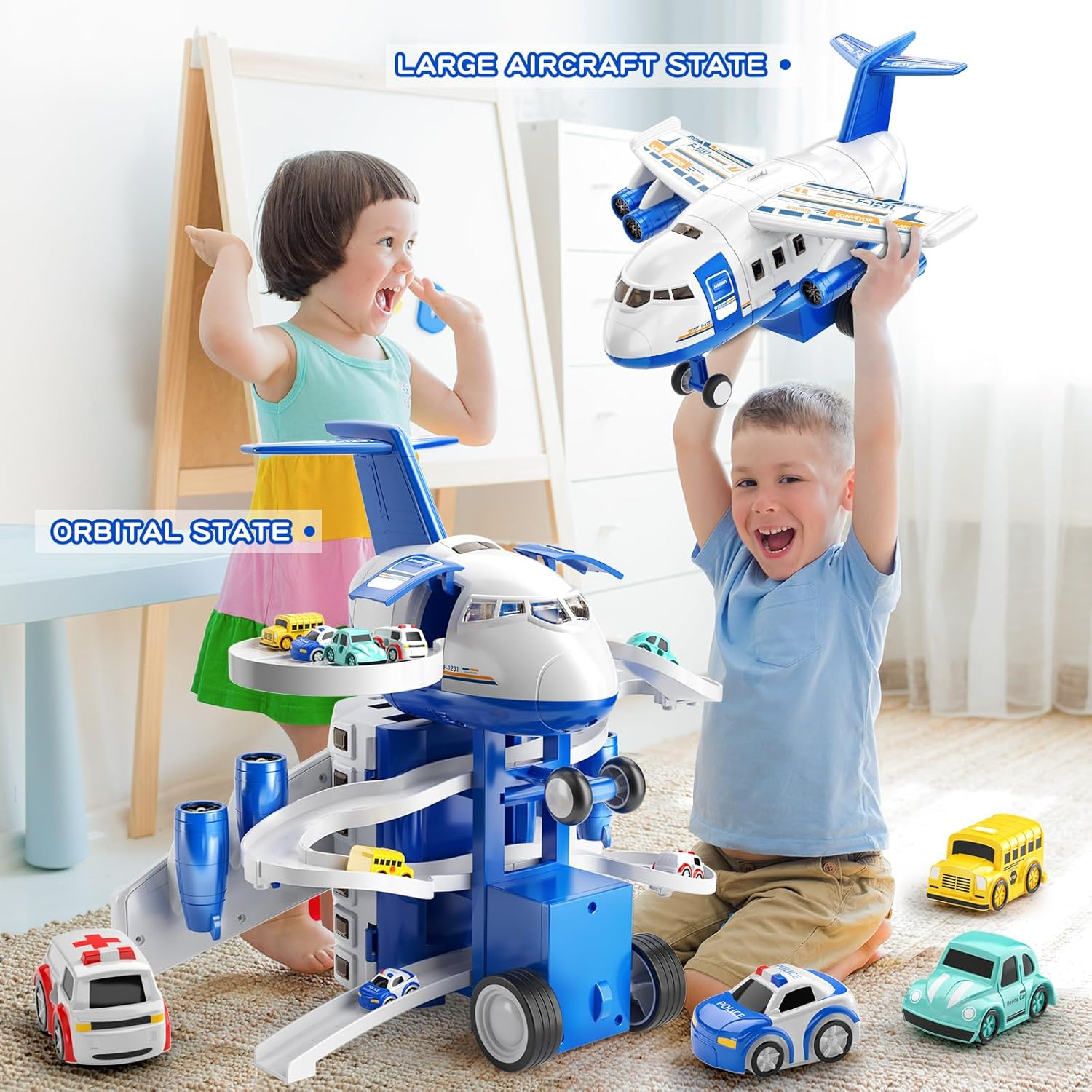 Airplane Toys for Toddlers 3-5 - Car Race Tracks for Kids Ages 4-8 with 8 Die-Cast Cars & Educational Play Set