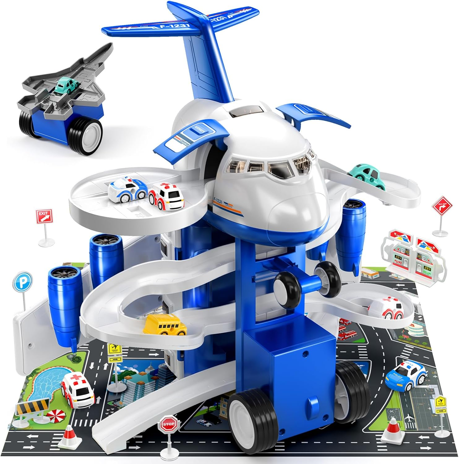 Kids Airplane Car Toys Race Tracks - Transport Airplane Adventures Playset with 8 City Cars & Garage Parking Lot Playmat for Boys & Girls Ages 2-6